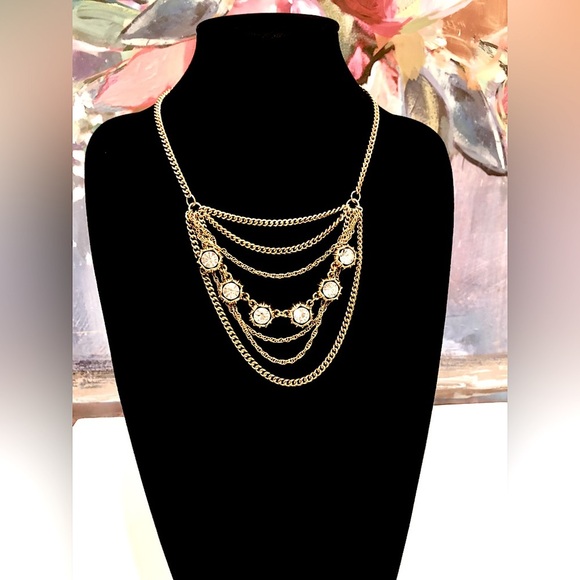 TALBOTS Gold & Crystal Layered Bib Necklace - Picture 2 of 6